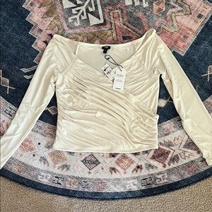 Express Cream Ruched Long Sleeve Blouse